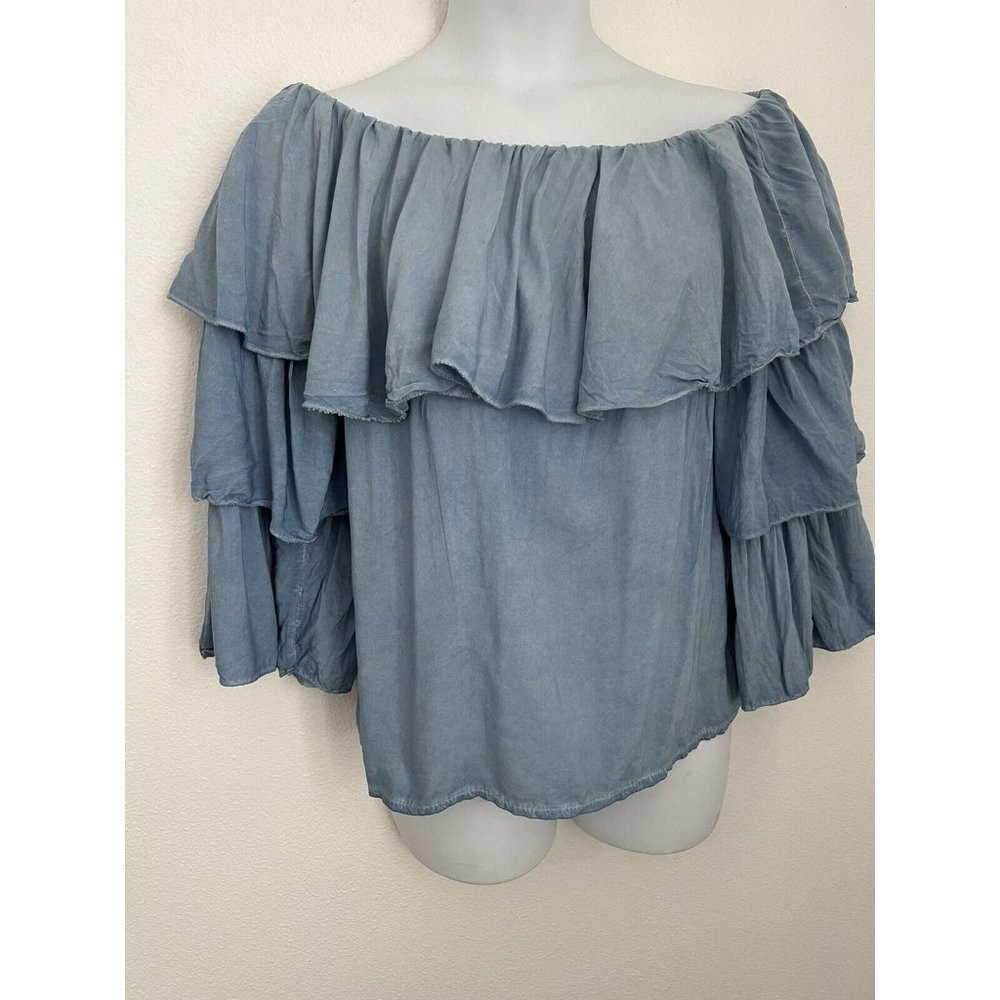 Made in Italy Blue Viscose Ruffled On Off Shoulder Blouse One Size